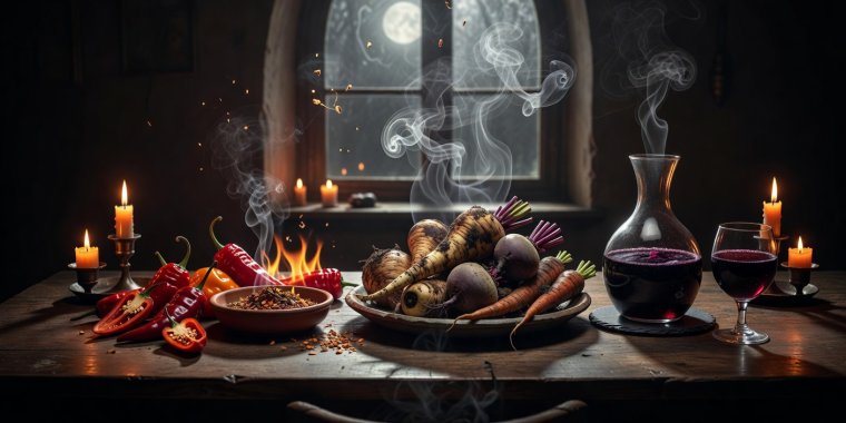 Mystical culinary table arrangement featuring elements of Fire (chili), Earth (root vegetables), Air (aromatic steam), and Water (deep purple herbal wine)