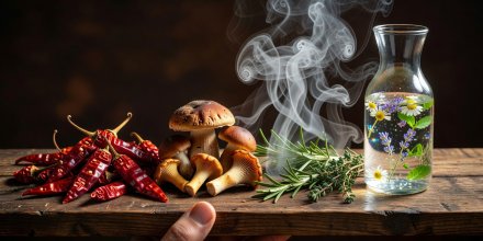 Four elements culinary arrangement featuring fiery dried chili, rich earth mushrooms, aromatic herbal steam, and crystal botanical water