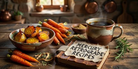 Rustic table spread of golden roasted beets, carrots, and an adaptogenic herbal brew for grounding energy