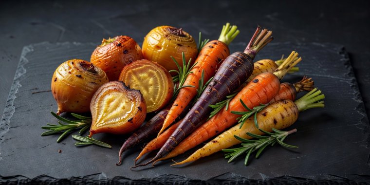 Roasted golden beets and heirloom carrots garnished with rosemary sprigs on dark slate table for grounding Mercury Retrograde culinary ritual
