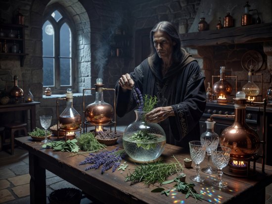 Master esoteric chef preparing an herbal infusion ritual in an atmospheric moonlit kitchen surrounded by copper alembics, fresh botanicals, and crystal goblets