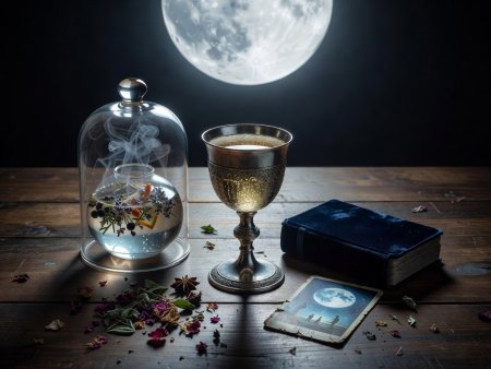 Full moon cocktail ritual setup with a smoked botanical gin infusion, chalice of sparkling prosecco, and velvet-bound tarot deck