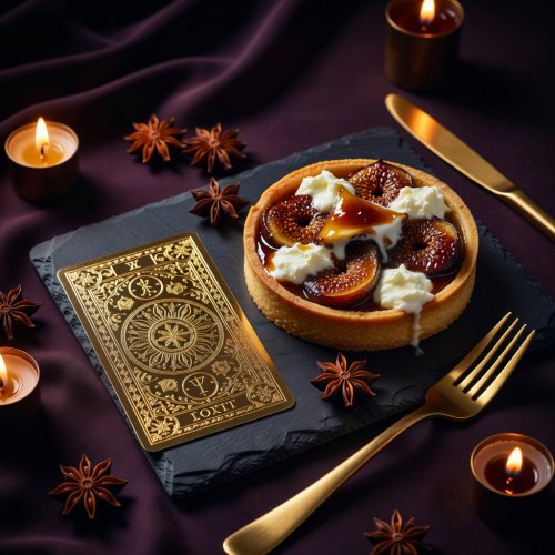 Dark moody food photography of an ornate Gold-foiled Tarot Card resting next to a gourmet roasted fig and goat cheese tart, surrounded by star anise, golden cutlery, and soft candlelight, midnight plum background
