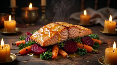 Saffron and honey glazed wild salmon fillet resting on a bed of braised heirloom vegetables, illuminated by golden candlelight