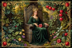 Ornate gold-accented Empress tarot card depicting lush foliage, pomegranates, and a crowned figure in an earthy garden