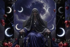 Mystical High Priestess tarot card artwork featuring crescent moons, pomegranates, and dark veil imagery
