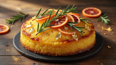 Golden citrus polenta cake garnished with fresh rosemary sprigs, blood orange slices, and edible gold leaf details