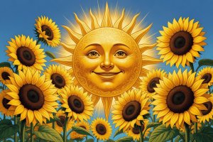 Vibrant solar tarot card illustration with a smiling gold sun face and blooming yellow sunflowers